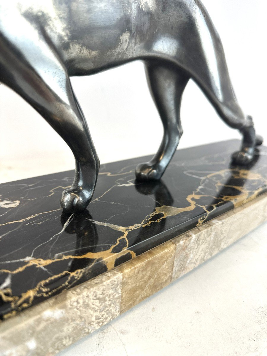 Art Deco Panther Lamp Signed M. Font 1930 Bronze Silver Marble-photo-4