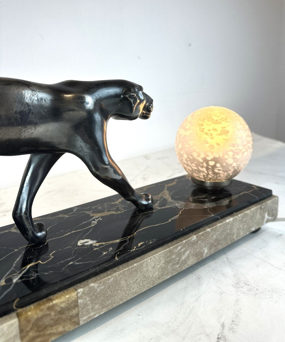 Art Deco Panther Lamp Signed M. Font 1930 Bronze Silver Marble-photo-5