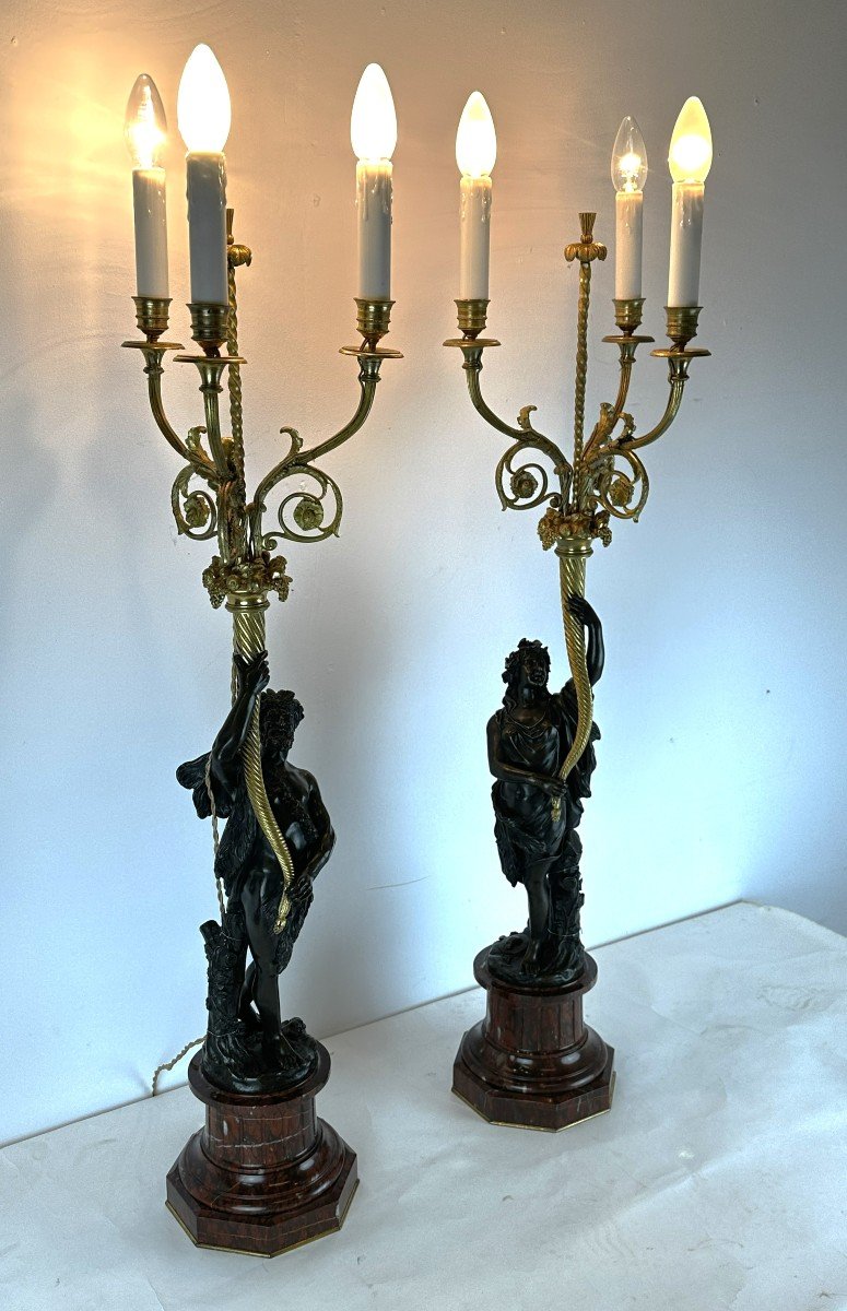 Pair Of Clodion Candelabra Claude Michel Bronze Red Marble 19th Century-photo-3