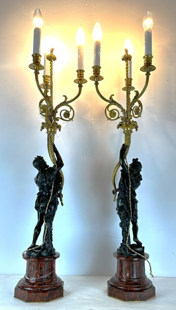 Pair Of Clodion Candelabra Claude Michel Bronze Red Marble 19th Century-photo-5