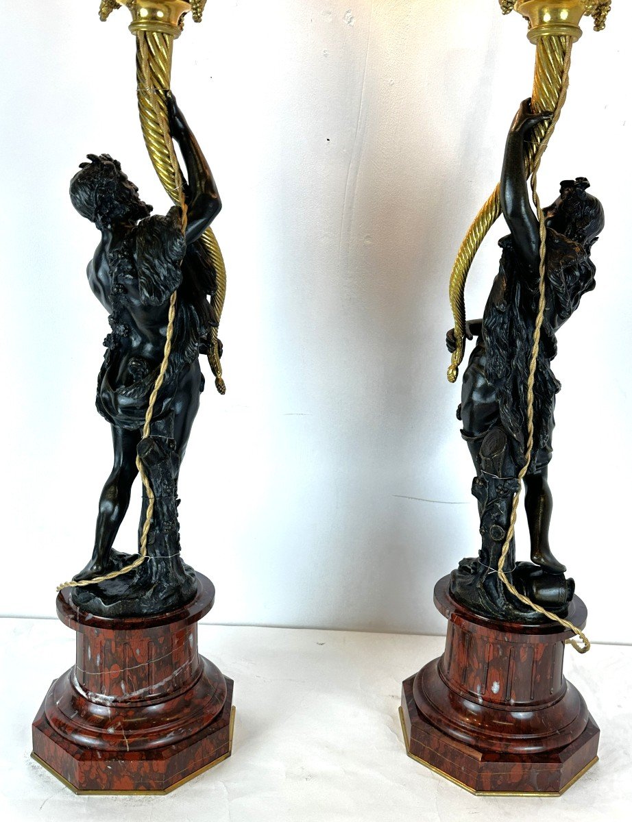 Pair Of Clodion Candelabra Claude Michel Bronze Red Marble 19th Century-photo-6
