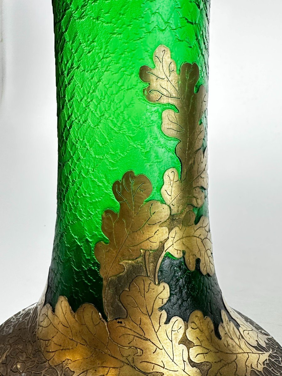 Large Pair Of Legras And Monjoye Art Nouveau Green Glass Vases-photo-2