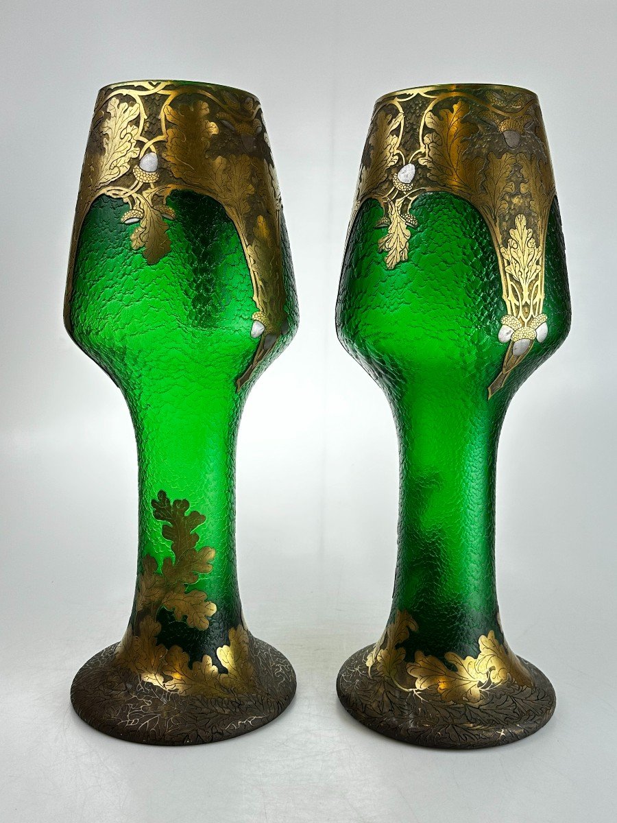 Large Pair Of Legras And Monjoye Art Nouveau Green Glass Vases-photo-4