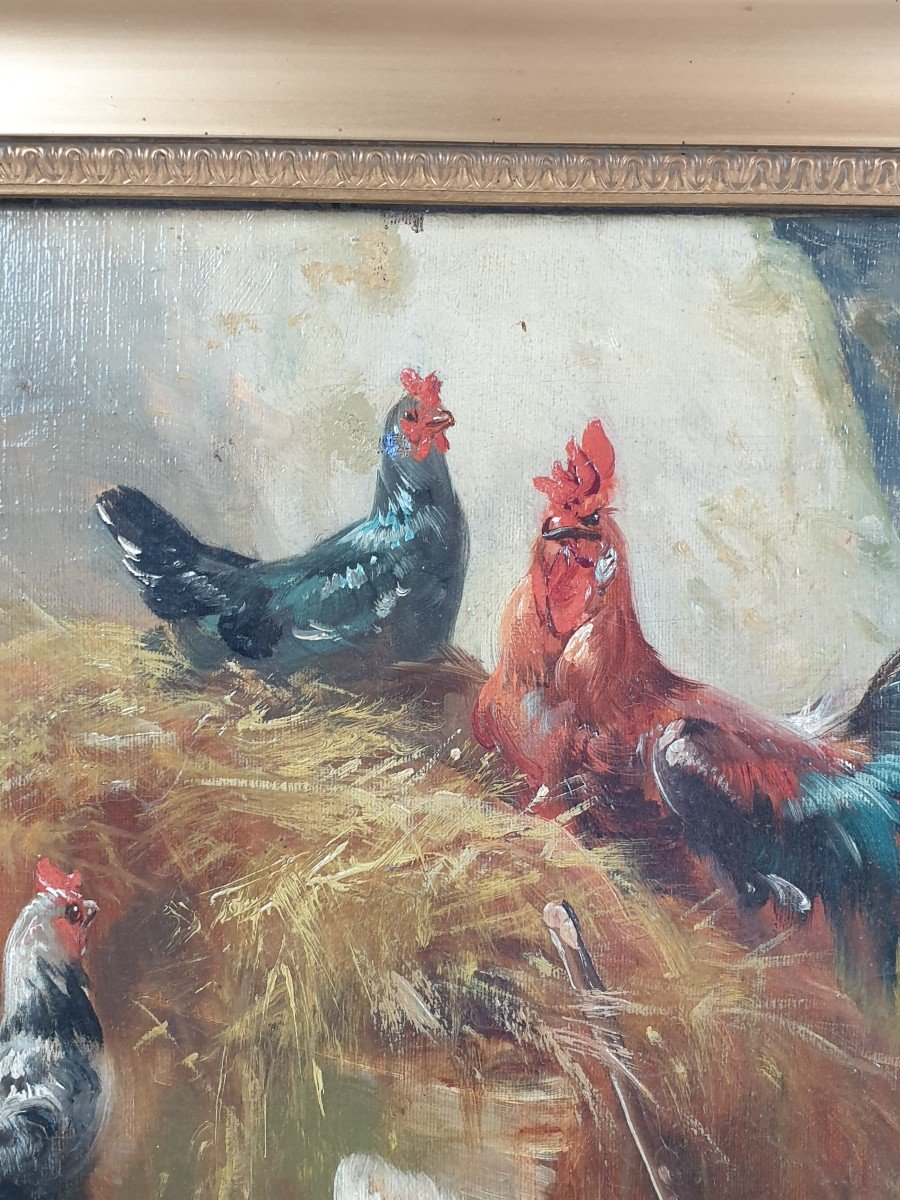 Henry Schouten (Belge, 1857-1927) "Coq Avec Poules" Huile Sur Toile-photo-3