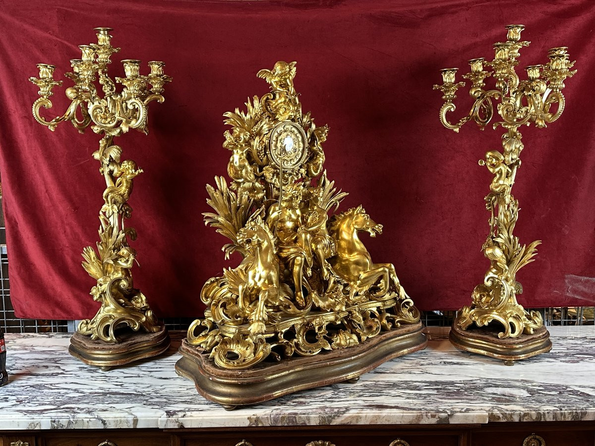 Le Triomphe De Neptune Et Amphitrite - Importante Garniture En Bronze Doré-photo-6