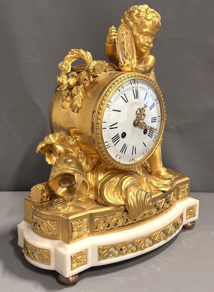 Pendule de Cheminée en Style de Louis XVI en Bronze Doré et Marbre Blanc 19eme-photo-2