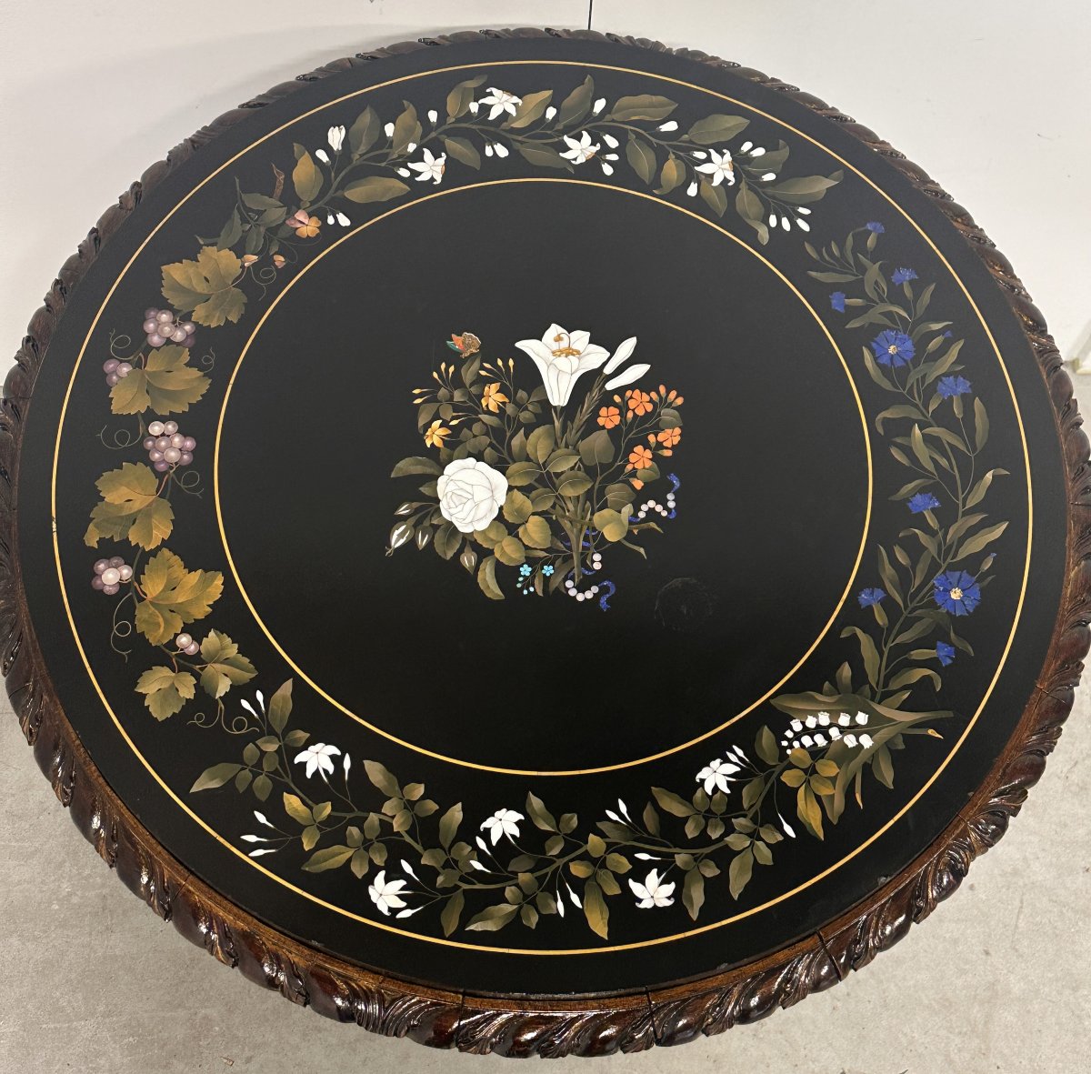 19th Century Neo-renaissance Pietra Dura Table In Black Marble-photo-3