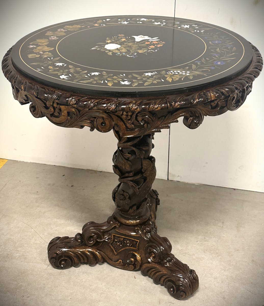 19th Century Neo-renaissance Pietra Dura Table In Black Marble-photo-2