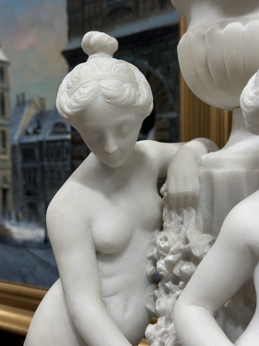 Pendule en Cercle Tournant Trois Grâces style Louis XV apres Falconet XIXe Marbre Carrara-photo-4
