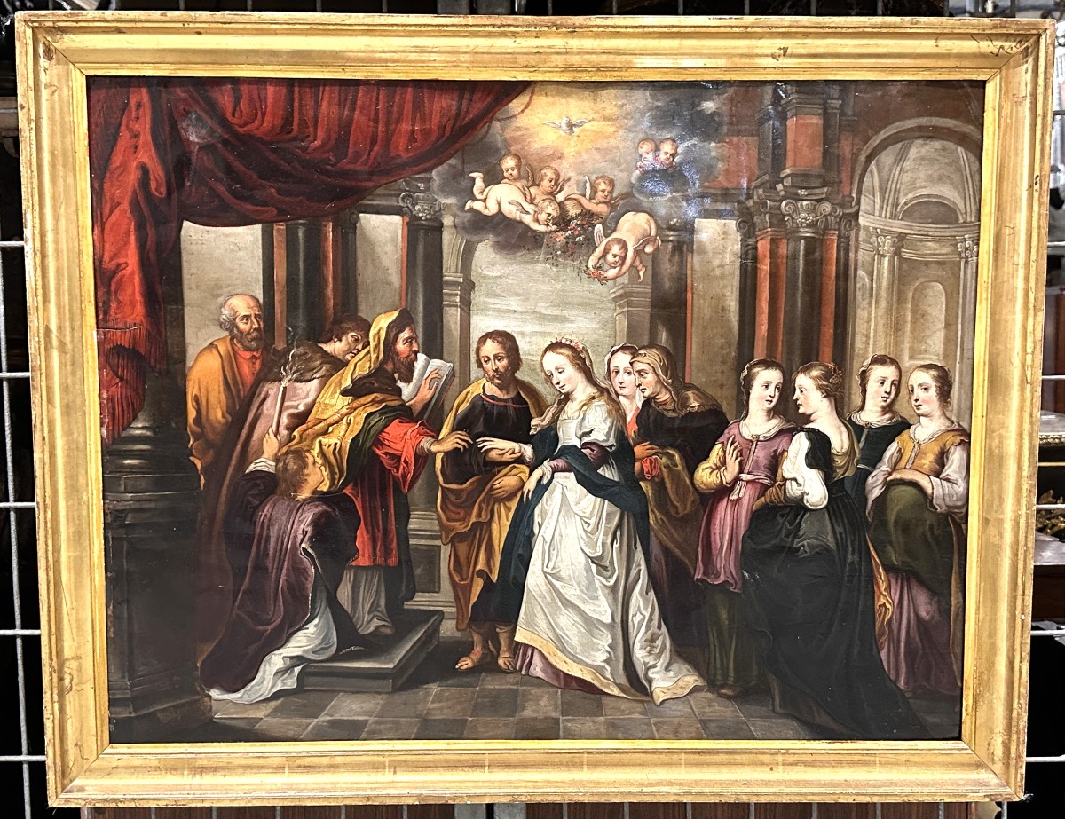 Oil On Brass "the Marriage Of The Virgin" Spain Late 17th Century