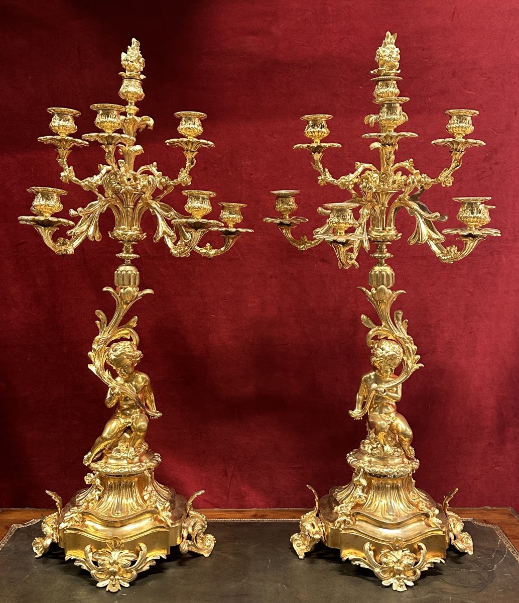 Paire de Candélabres en Bronze Doré aux Putti époque Napoléon III