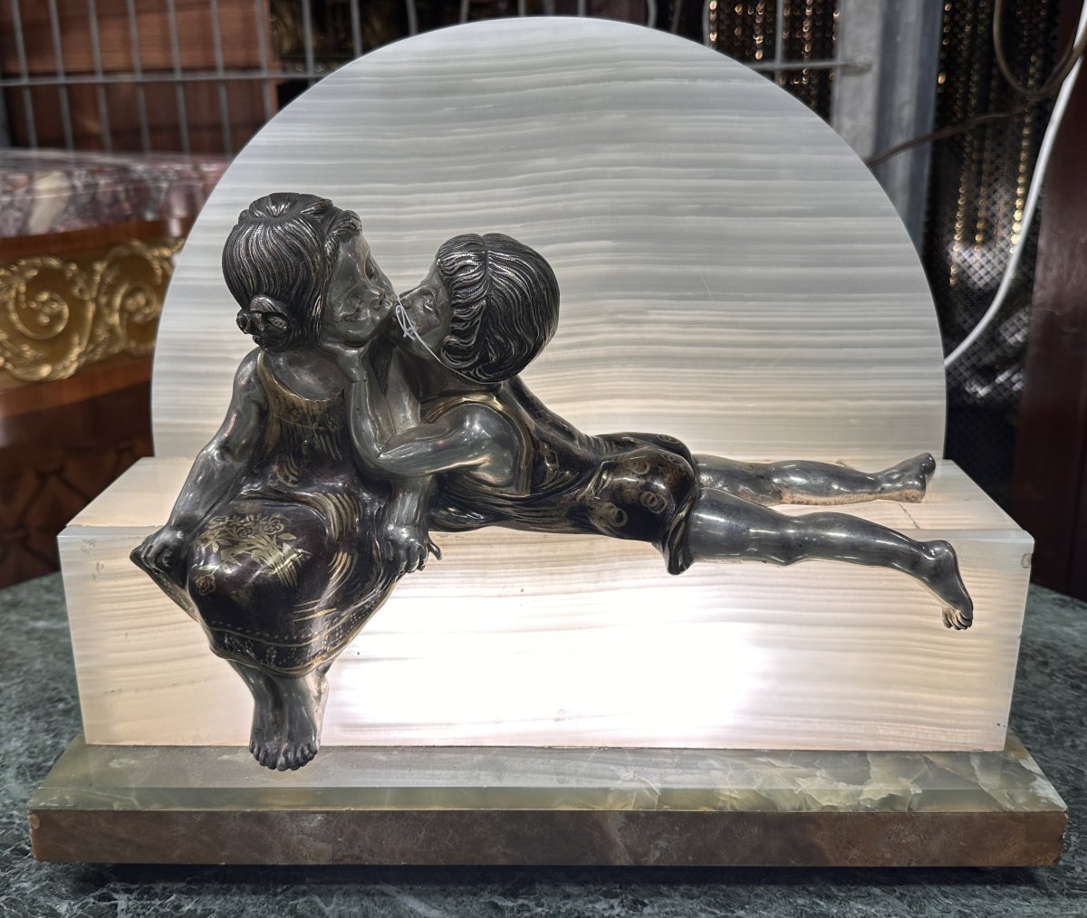 Lampe Art Déco Enfants Bronze Argenté Onyx et Marbre 1930-photo-2