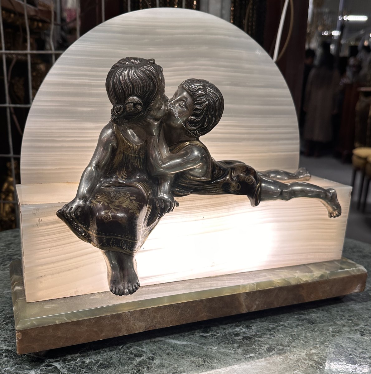 Lampe Art Déco Enfants Bronze Argenté Onyx et Marbre 1930-photo-3