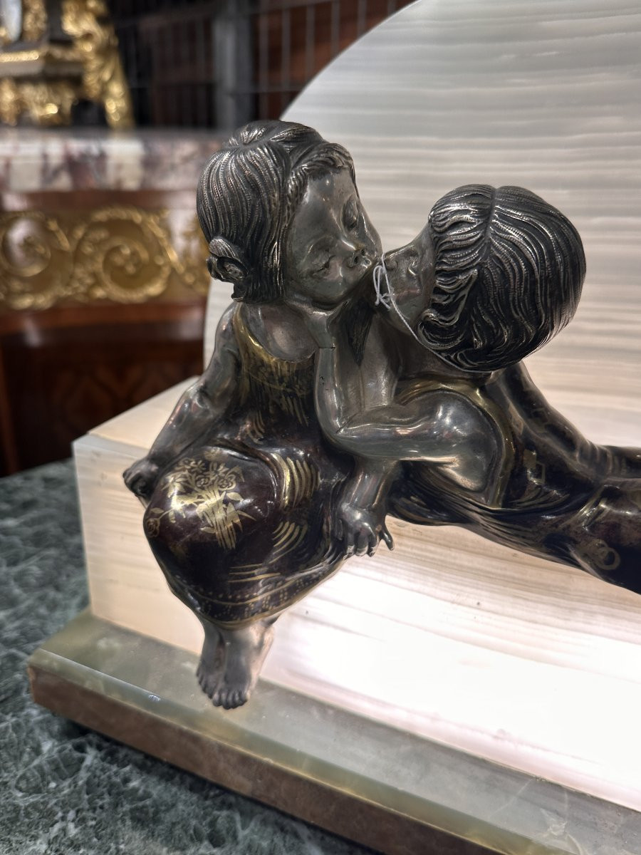 Lampe Art Déco Enfants Bronze Argenté Onyx et Marbre 1930-photo-4