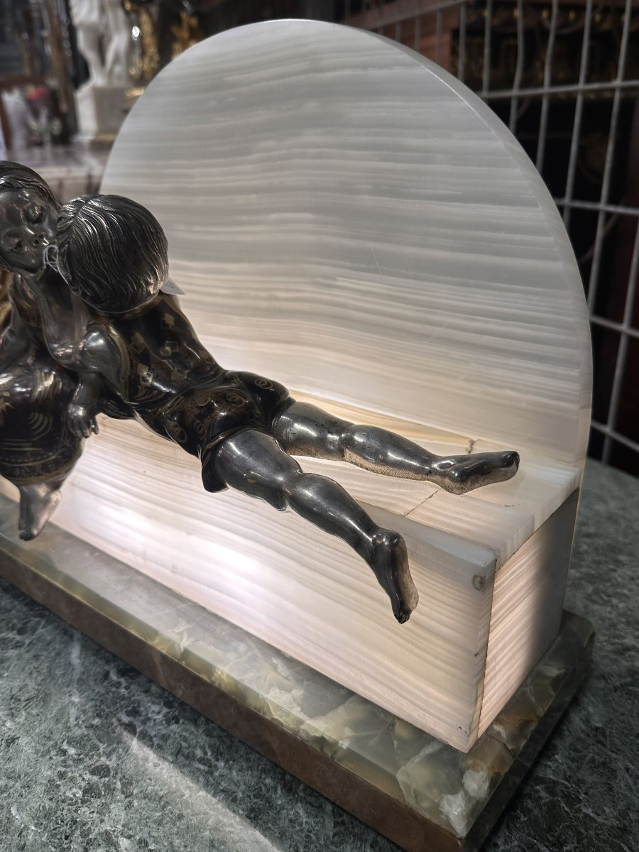 Lampe Art Déco Enfants Bronze Argenté Onyx et Marbre 1930-photo-1