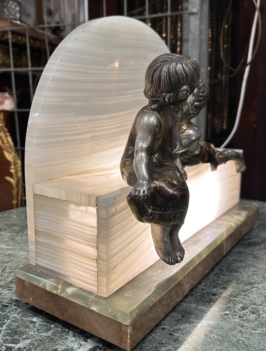 Lampe Art Déco Enfants Bronze Argenté Onyx et Marbre 1930-photo-2