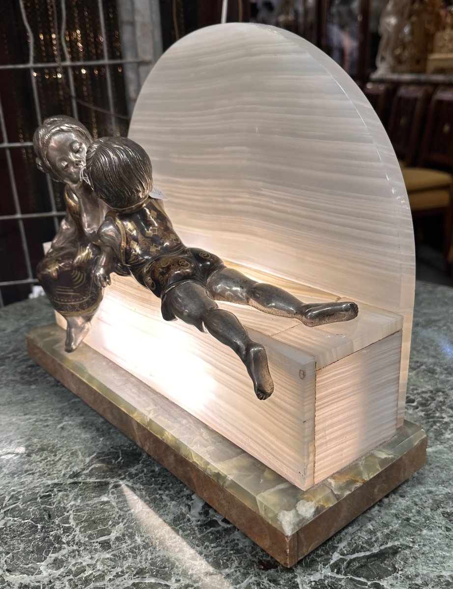 Lampe Art Déco Enfants Bronze Argenté Onyx et Marbre 1930-photo-4