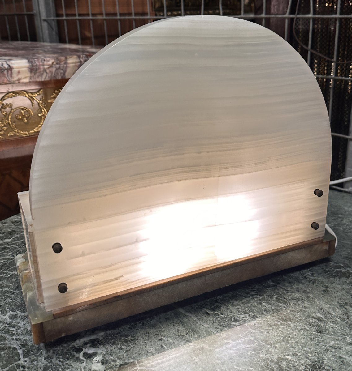 Lampe Art Déco Enfants Bronze Argenté Onyx et Marbre 1930-photo-5