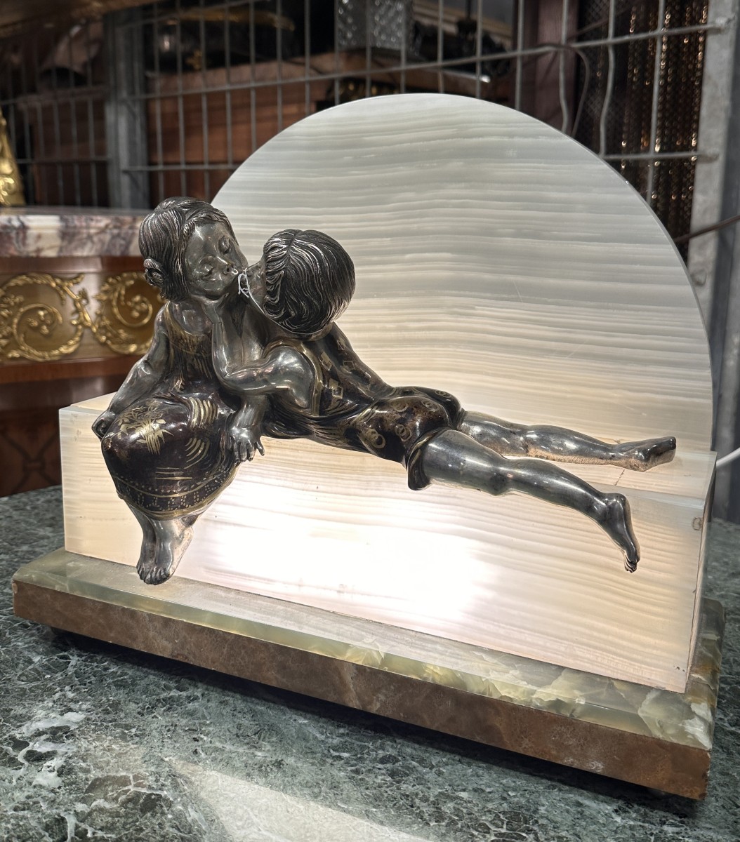 Lampe Art Déco Enfants Bronze Argenté Onyx et Marbre 1930