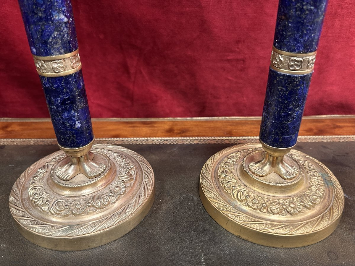 Pair Of Candlesticks In Gilt Bronze And Lapis Lazuli Louuis XVI Style-photo-4