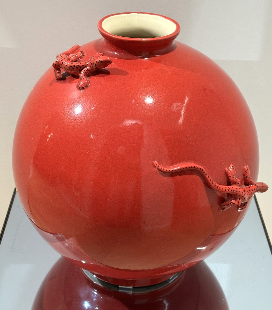 Grand Vase Boule en Ceramiwue de Longwy à Décor de Lézards Rouge-photo-2