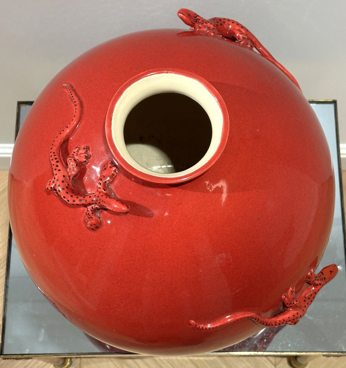 Grand Vase Boule en Ceramiwue de Longwy à Décor de Lézards Rouge-photo-3