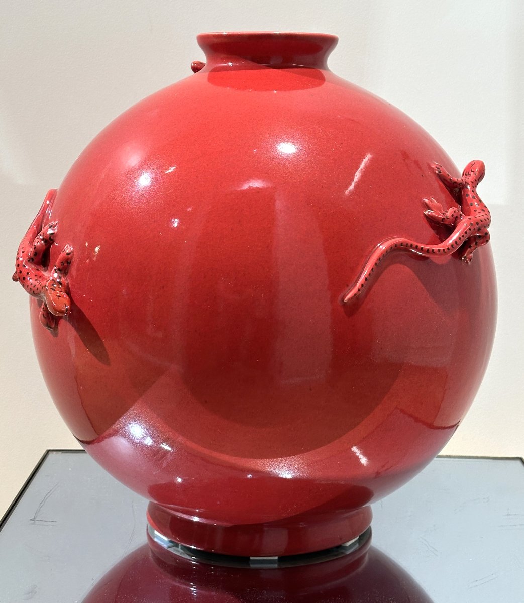 Grand Vase Boule en Ceramiwue de Longwy à Décor de Lézards Rouge-photo-4