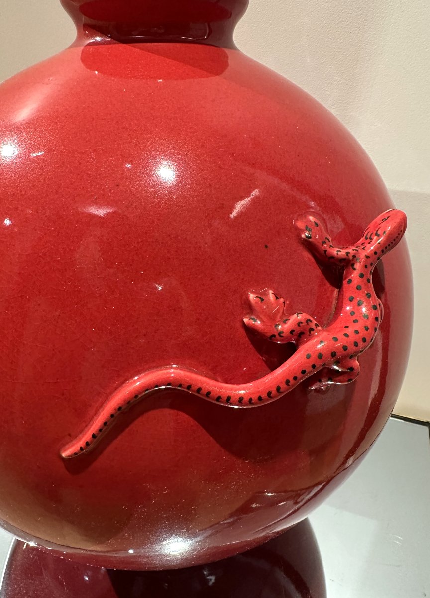 Grand Vase Boule en Ceramiwue de Longwy à Décor de Lézards Rouge-photo-6