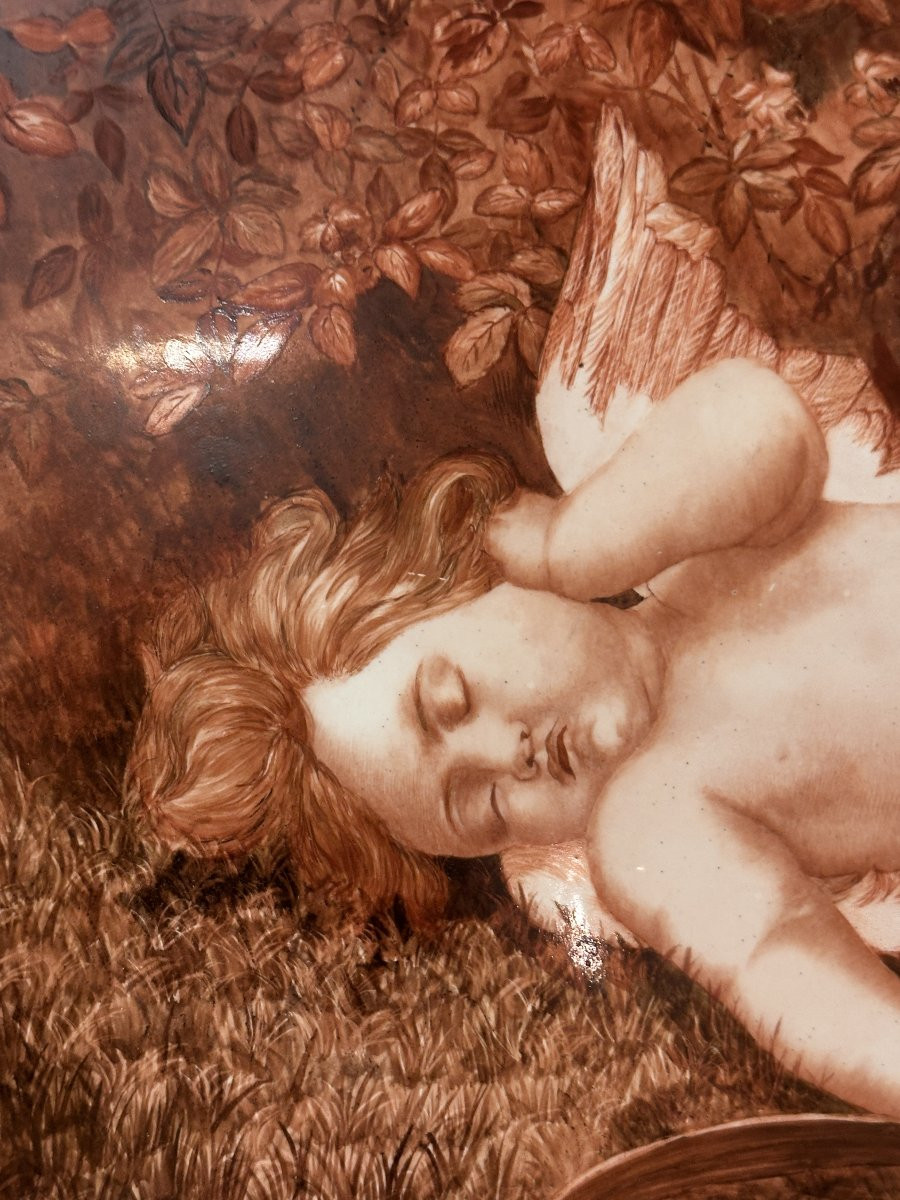 Porcelain Plaque "sleeping Love", Signed M. Brière, Circa 1886-photo-2