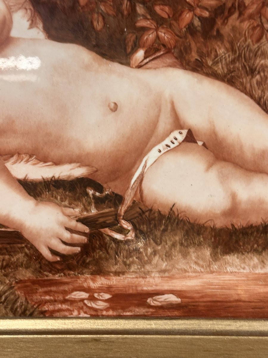 Porcelain Plaque "sleeping Love", Signed M. Brière, Circa 1886-photo-3