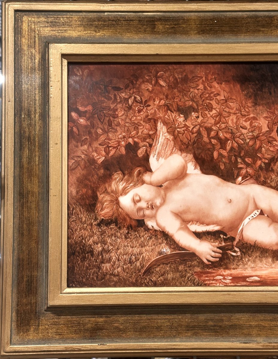 Porcelain Plaque "sleeping Love", Signed M. Brière, Circa 1886-photo-2