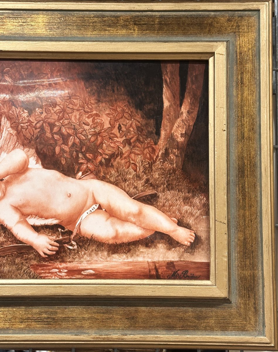 Porcelain Plaque "sleeping Love", Signed M. Brière, Circa 1886-photo-3
