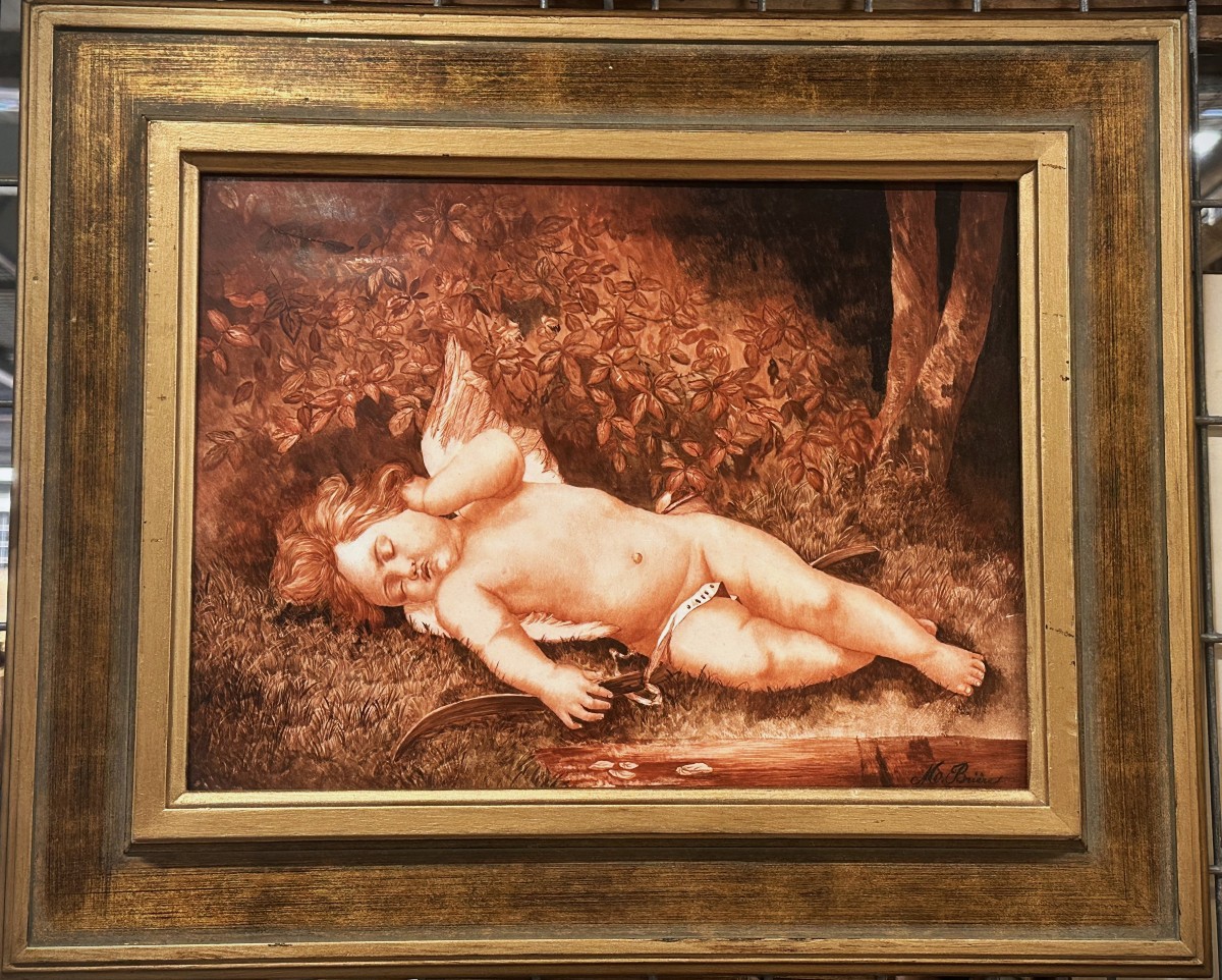 Porcelain Plaque "sleeping Love", Signed M. Brière, Circa 1886