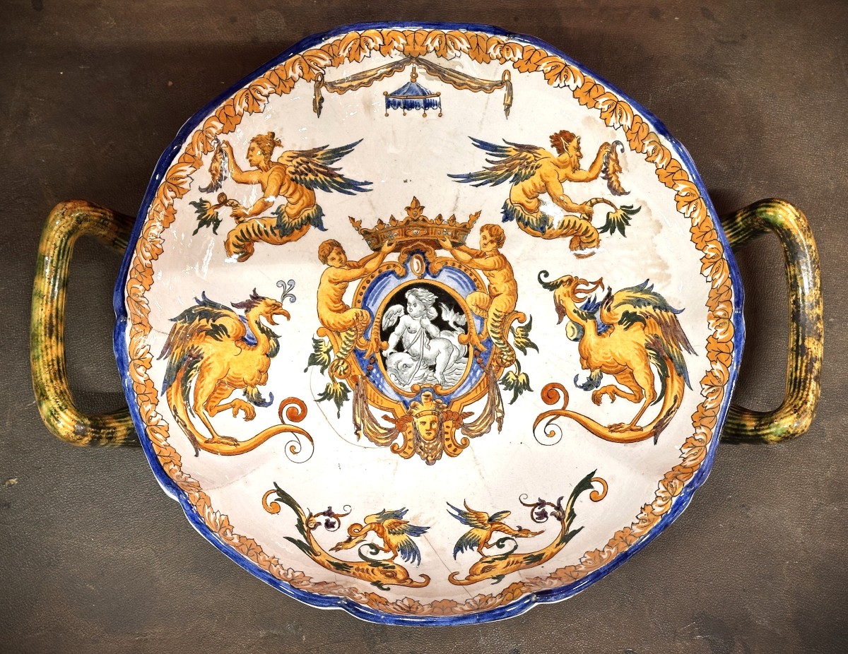 Plat Décoratif Italien en Céramique émaillée, Décor Grotesque Renaissance, fin XIXe / début XX