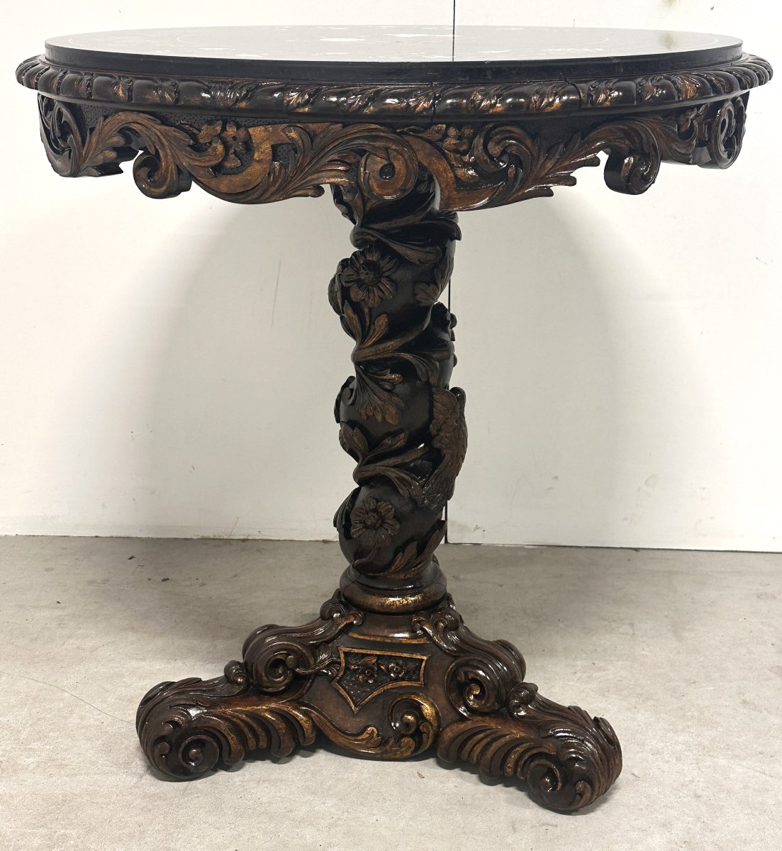 19th Century Neo-renaissance Pietra Dura Table In Black Marble-photo-2