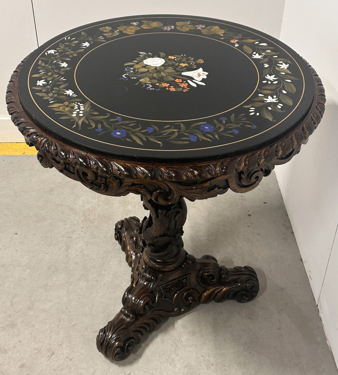 19th Century Neo-renaissance Pietra Dura Table In Black Marble-photo-6