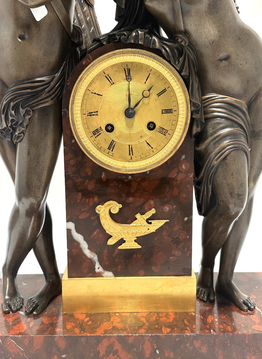 «Amour et Psyché» Pendule Empire  en Bronze et Marbre Rouge XIXe-photo-4