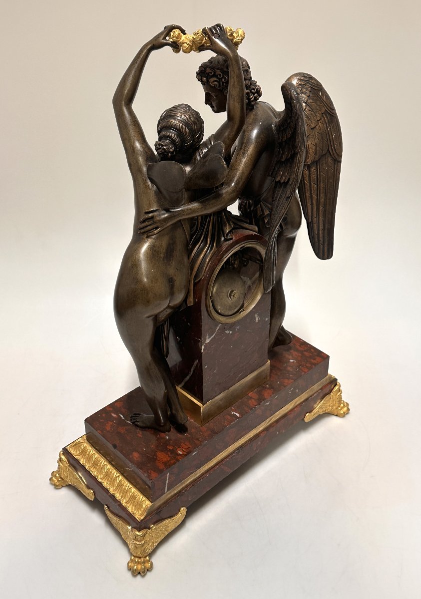 «Amour et Psyché» Pendule Empire  en Bronze et Marbre Rouge XIXe-photo-7