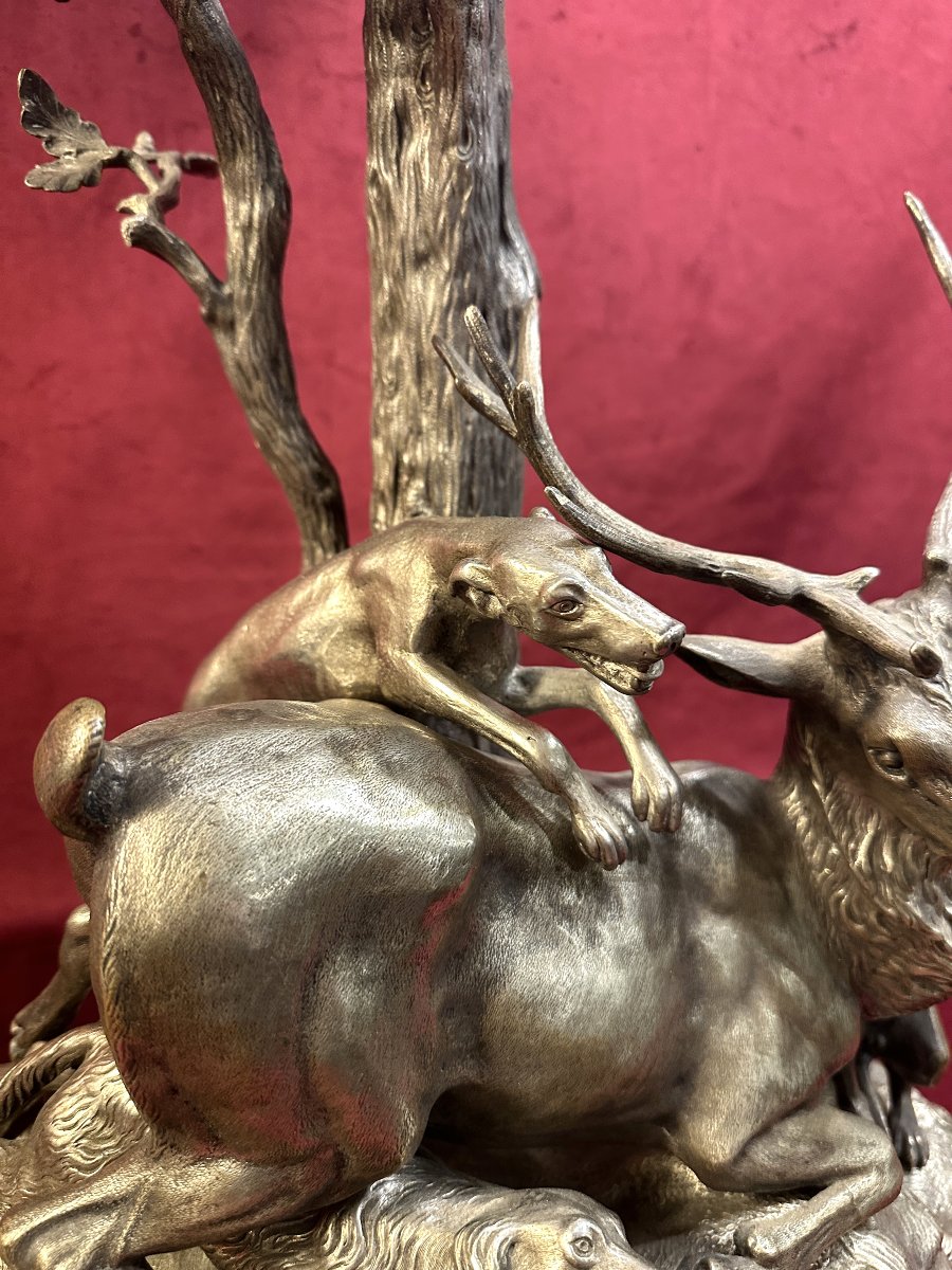 Grande Coupe de Chasse en Bronze Argenté et Cristal XIXe -photo-1