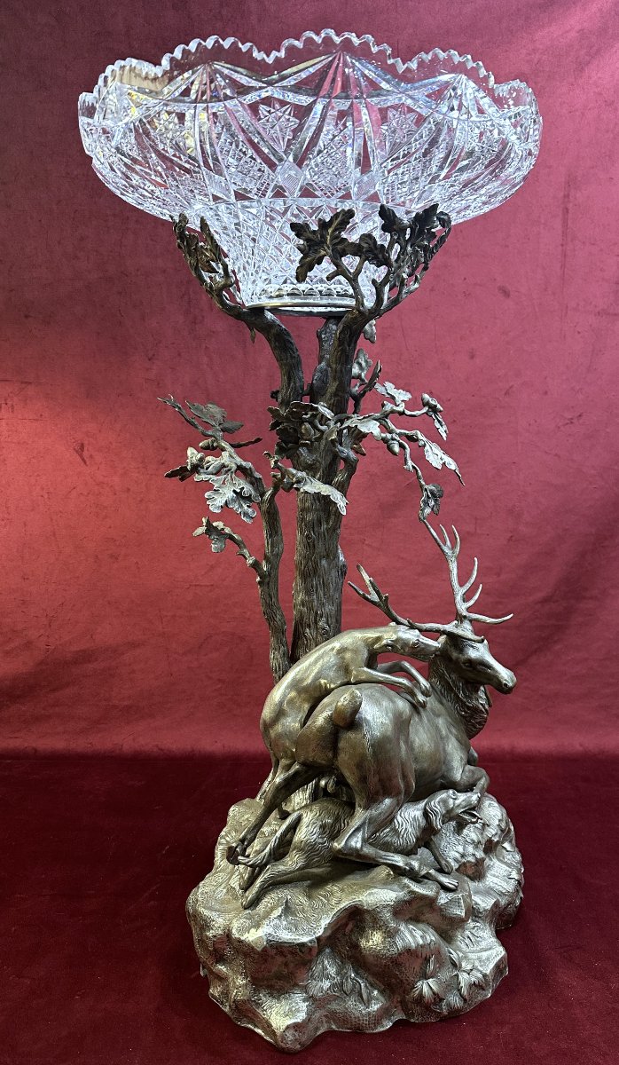 Grande Coupe de Chasse en Bronze Argenté et Cristal XIXe -photo-4