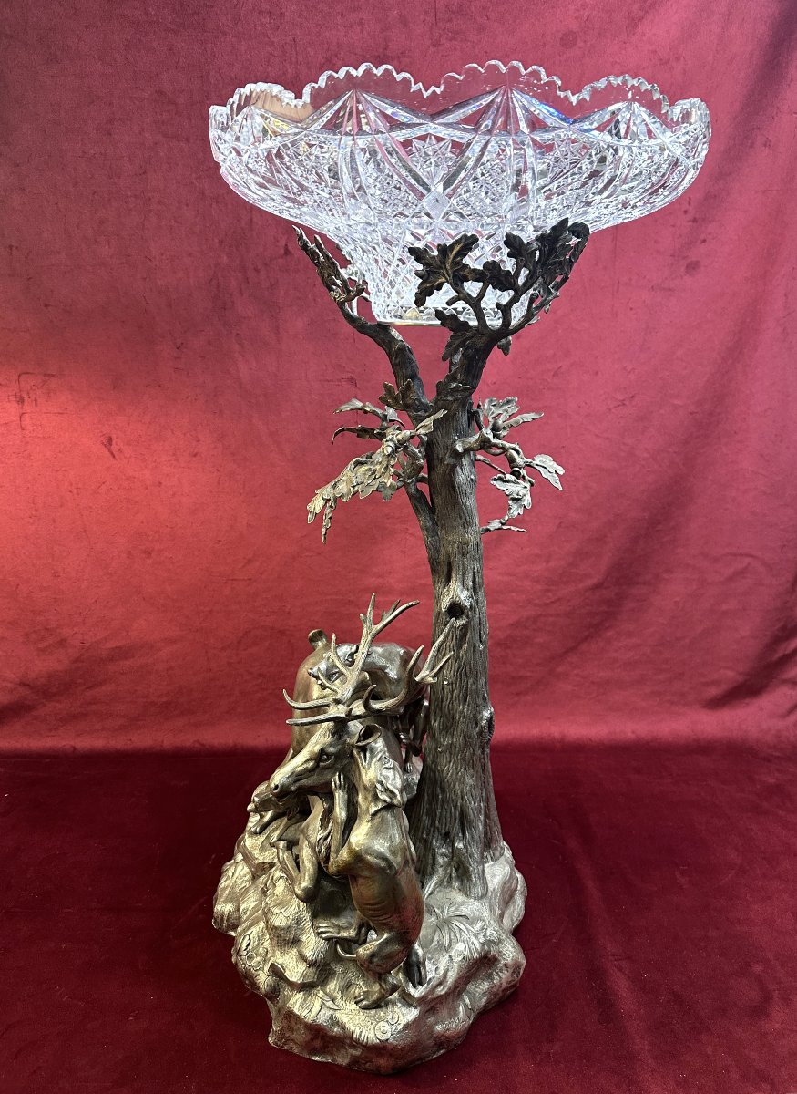 Grande Coupe de Chasse en Bronze Argenté et Cristal XIXe -photo-8