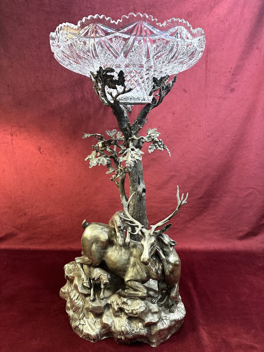 Grande Coupe de Chasse en Bronze Argenté et Cristal XIXe 