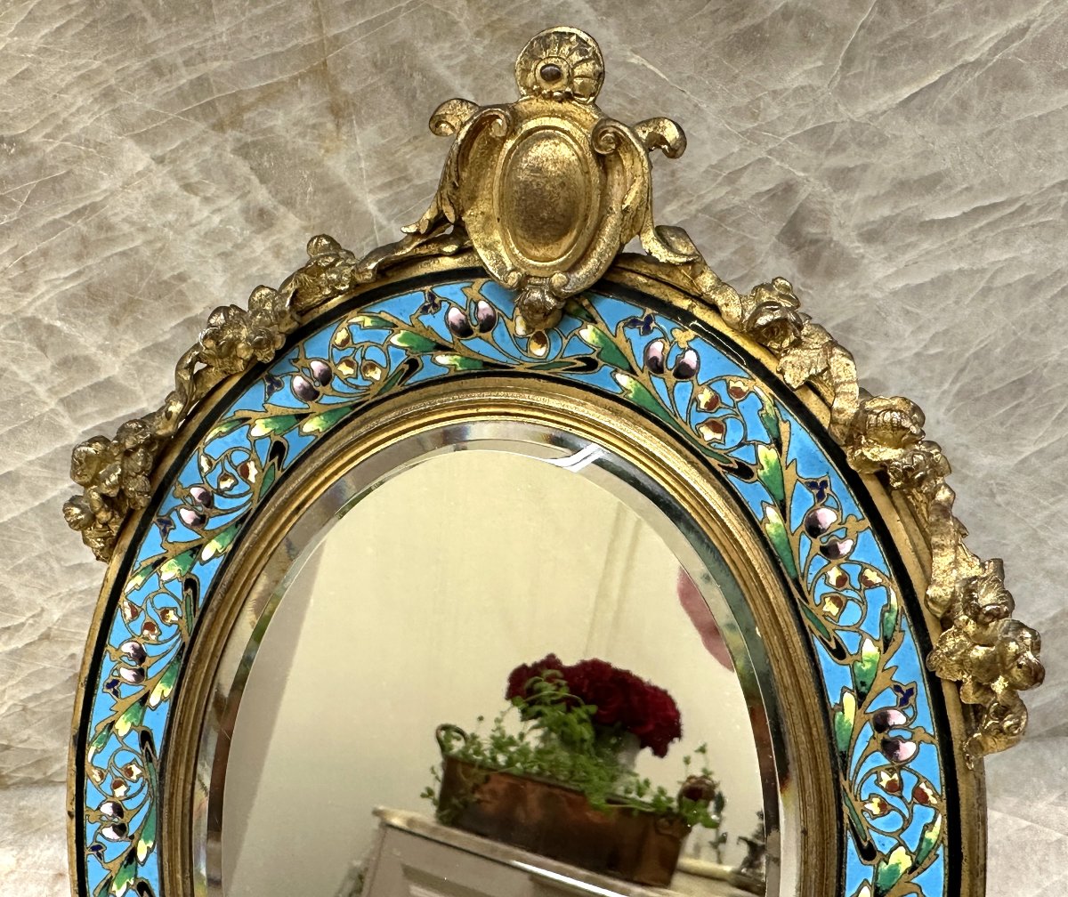 Miroir de Table en Bronze Doré et Émail Cloisonné, Décor de Colombes, Napoléon III-photo-3