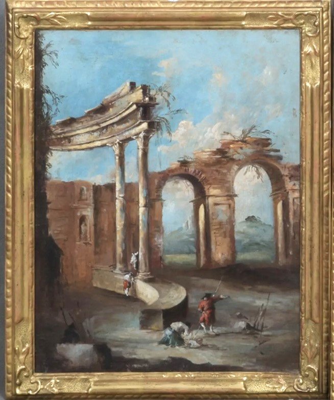 Pair Of "cornici" Architectural Landscapes, Circle Of Francesco Guardi, Venice, 18th Century-photo-4