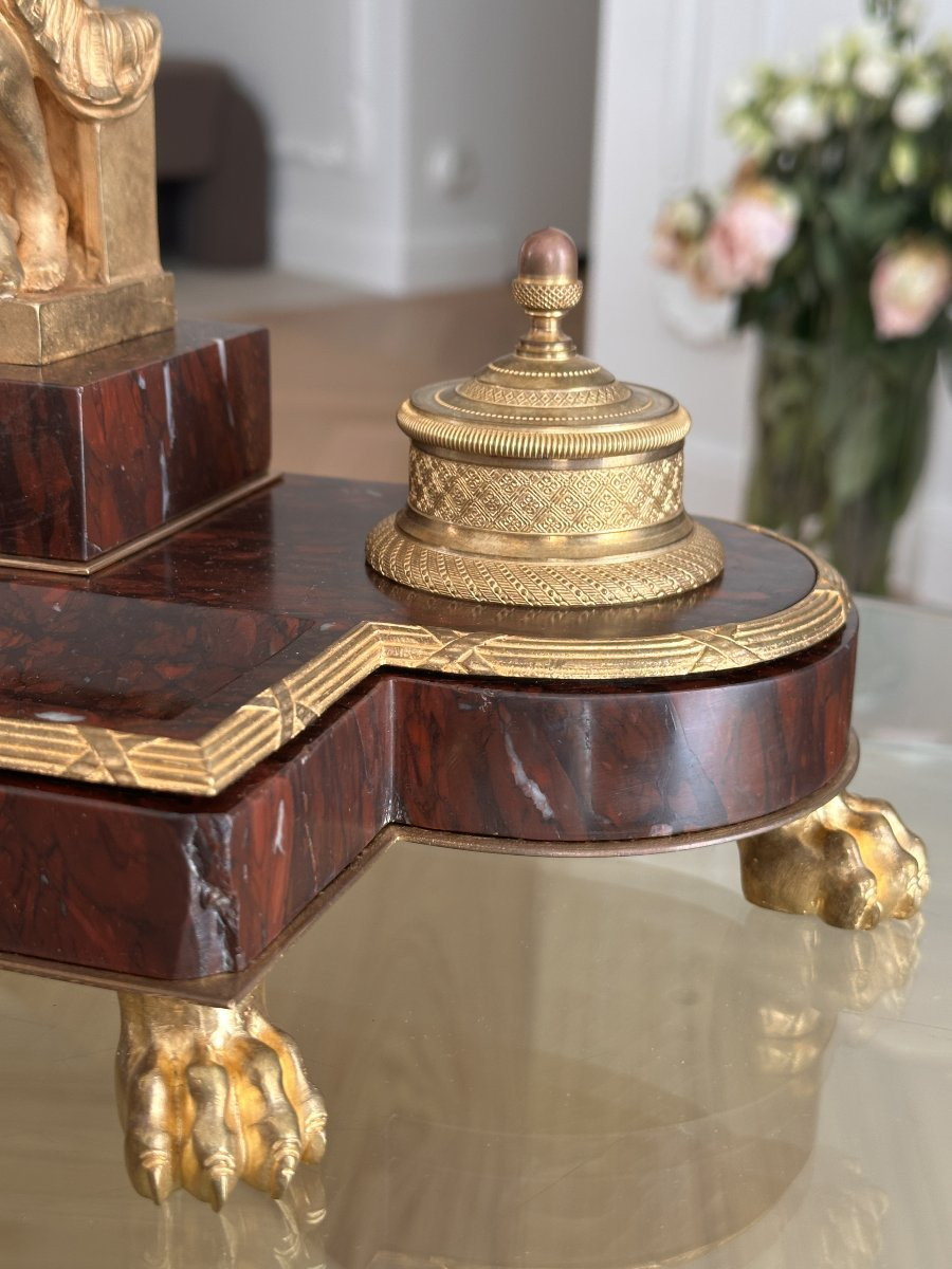 Napoleon III Inkwell In Griotte Marble And Gilt Bronze, After Michelangelo – Lorenzo De Medici-photo-4