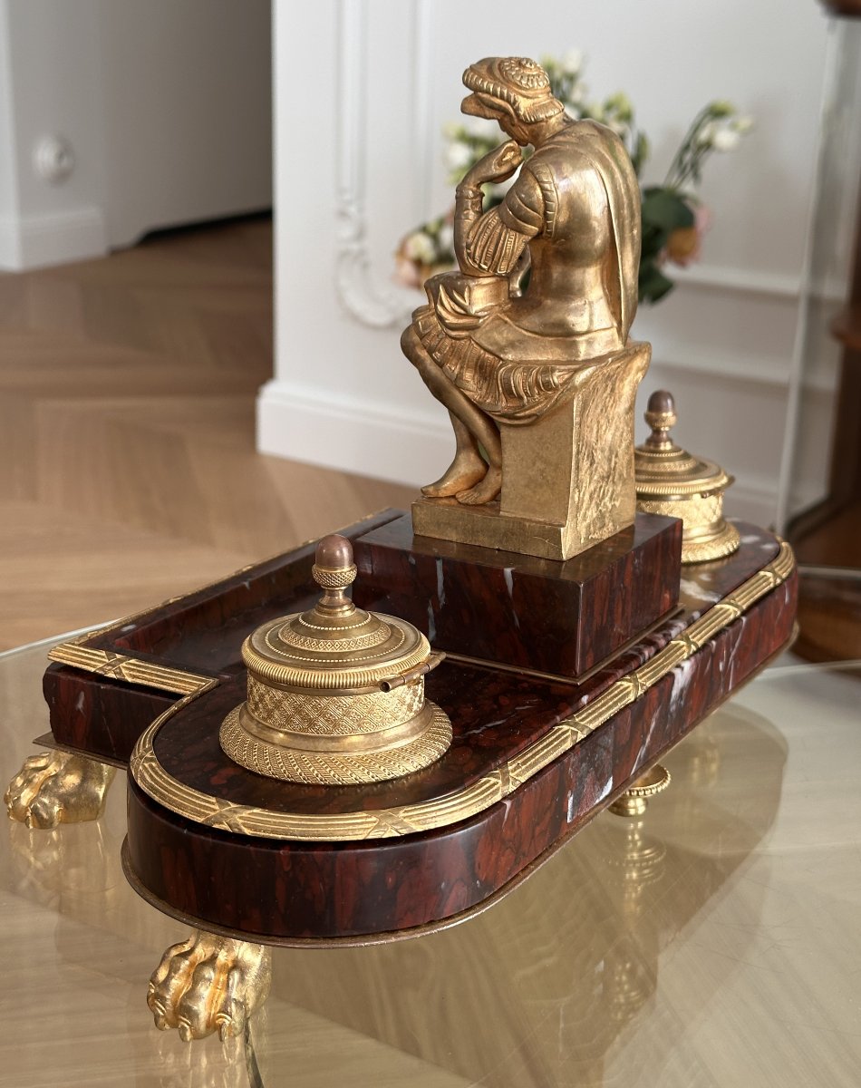 Napoleon III Inkwell In Griotte Marble And Gilt Bronze, After Michelangelo – Lorenzo De Medici-photo-2