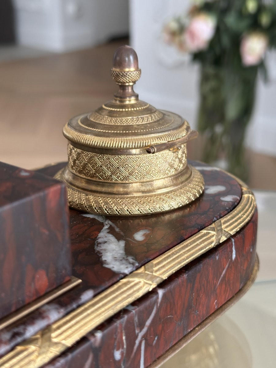 Napoleon III Inkwell In Griotte Marble And Gilt Bronze, After Michelangelo – Lorenzo De Medici-photo-3
