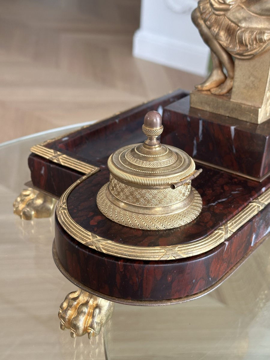 Napoleon III Inkwell In Griotte Marble And Gilt Bronze, After Michelangelo – Lorenzo De Medici-photo-4