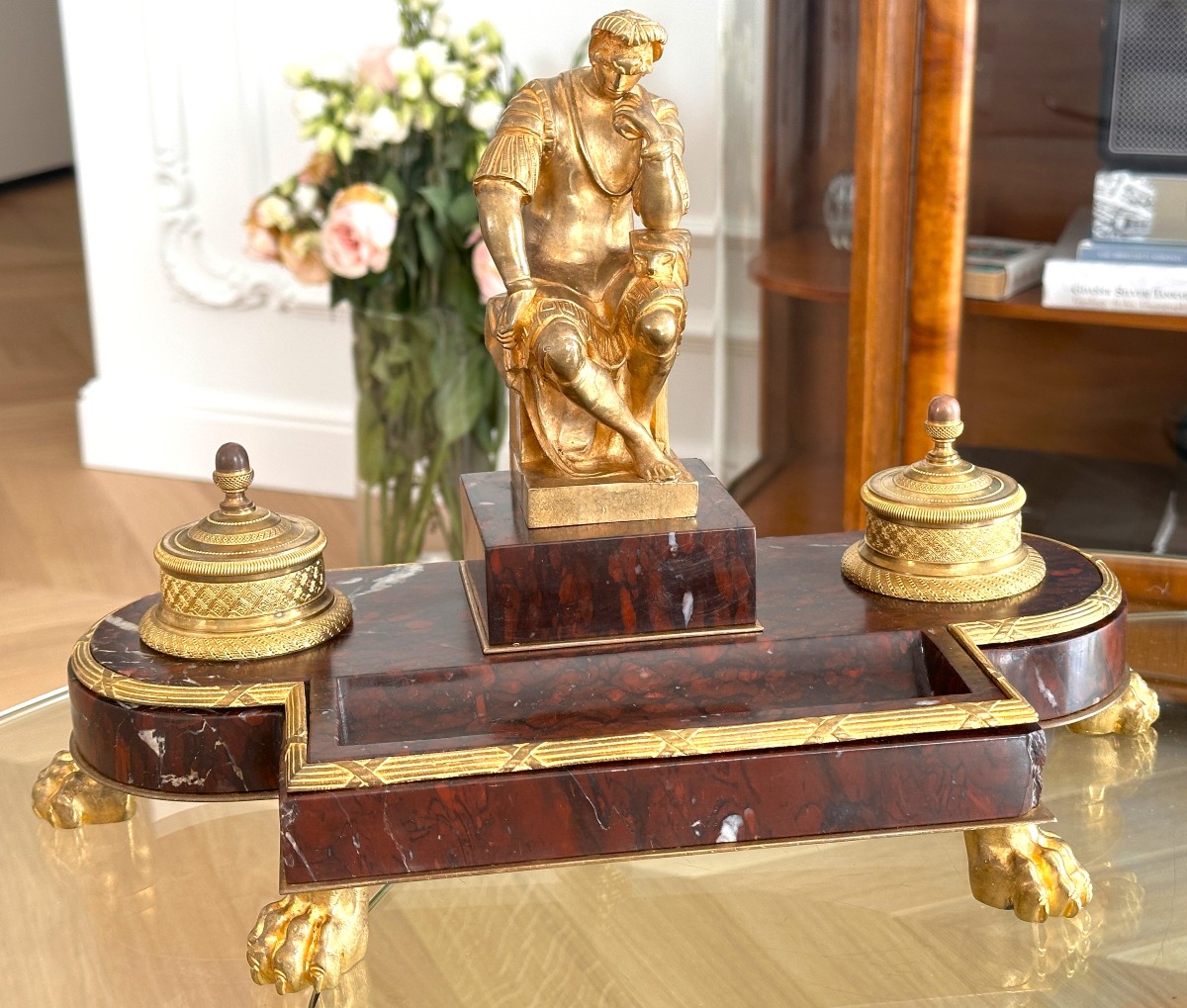 Napoleon III Inkwell In Griotte Marble And Gilt Bronze, After Michelangelo – Lorenzo De Medici
