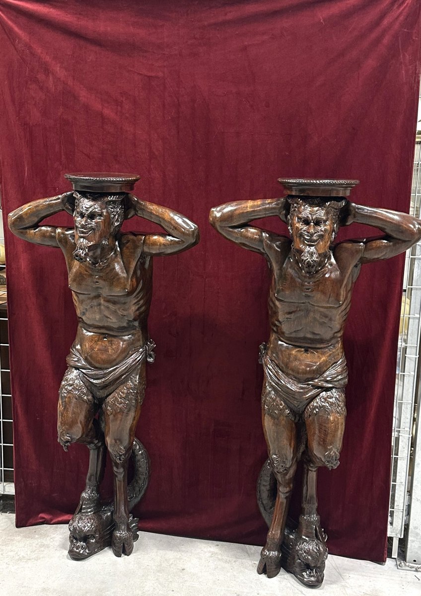Pair Of Console Tables In The Shape Of Satyrs – Carved Wood, Late 19th Century-photo-2